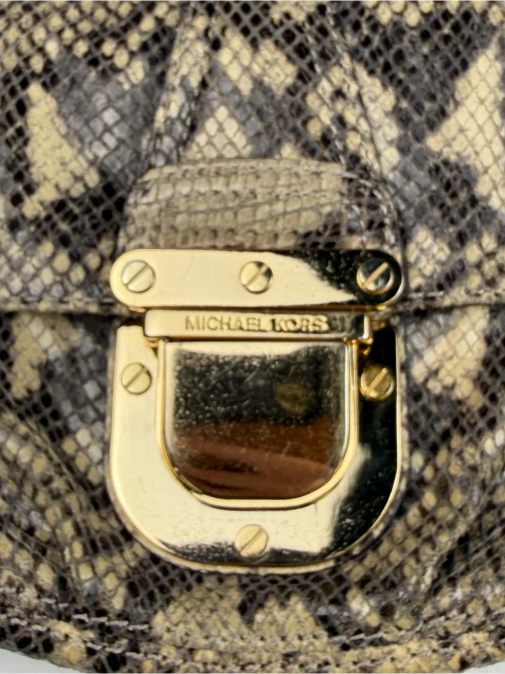 Michael Kors Snake-Print Crossbody in Beige and Brown with Gold Hardware Classy